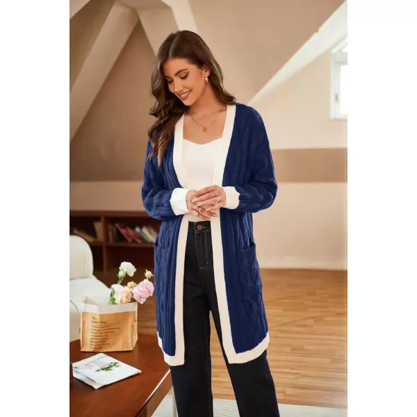 GRACE KARIN Long Cardigan Sweaters for Women 2023 Solid Color Cable Knit Oversized Cardigans with PocketsNavywhite Chunky