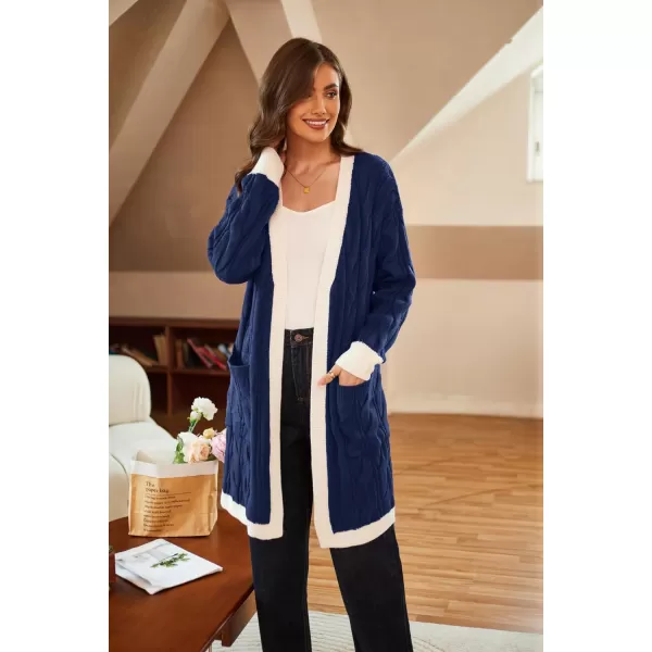 GRACE KARIN Long Cardigan Sweaters for Women 2023 Solid Color Cable Knit Oversized Cardigans with PocketsNavywhite Chunky