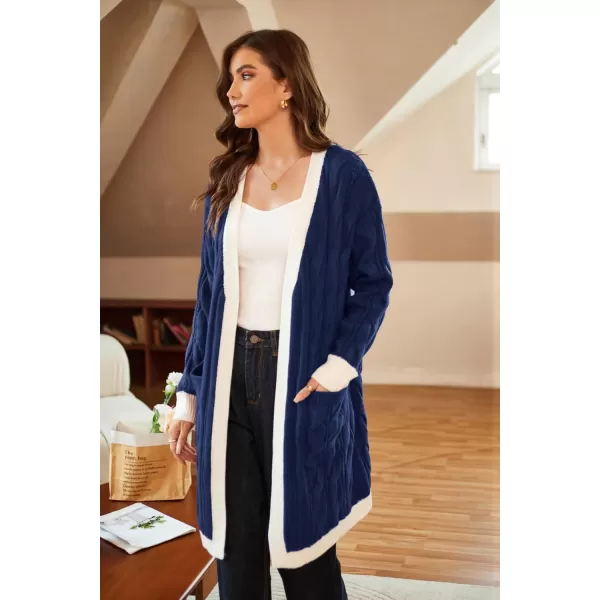 GRACE KARIN Long Cardigan Sweaters for Women 2023 Solid Color Cable Knit Oversized Cardigans with PocketsNavywhite Chunky