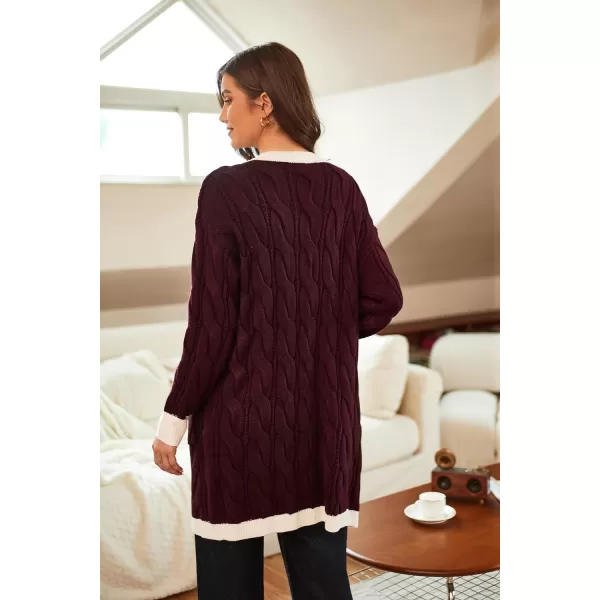 GRACE KARIN Long Cardigan Sweaters for Women 2023 Solid Color Cable Knit Oversized Cardigans with PocketsWinewhite Chunky