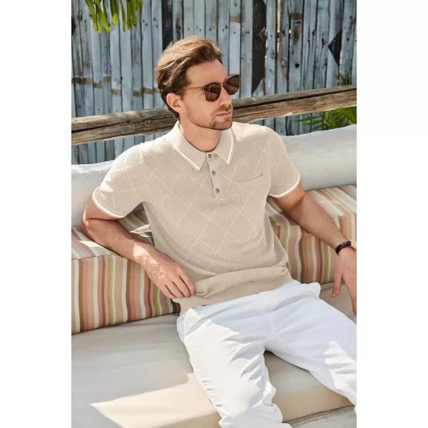 GRACE KARIN Men HollowedOut Sweater Short Sleeve Lapel Collar Buttonup KnitwearApricot