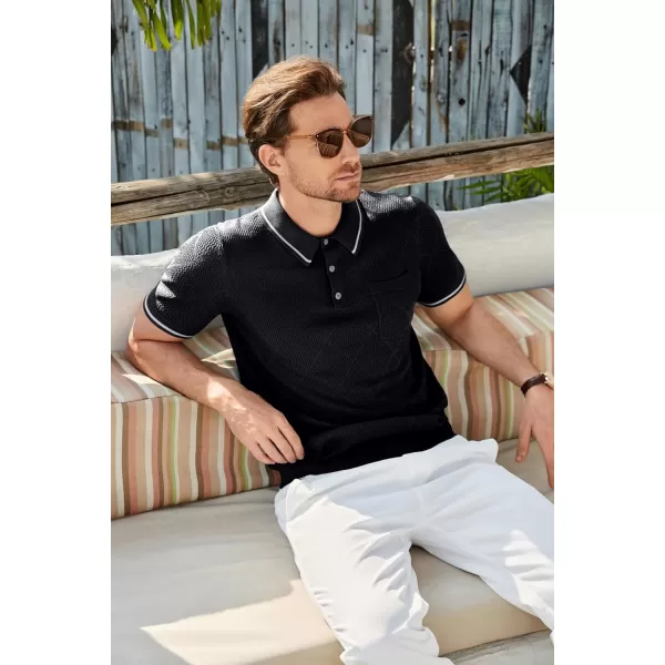 GRACE KARIN Men HollowedOut Sweater Short Sleeve Lapel Collar Buttonup KnitwearBlack