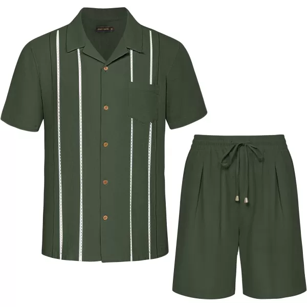 GRACE KARIN Mens 2 Pieces Shirt Sets Casual Guayabera Cotton Linen Sets Outfits Short Sleeve Button Down Shirts and ShortsArmy Green