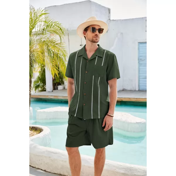 GRACE KARIN Mens 2 Pieces Shirt Sets Casual Guayabera Cotton Linen Sets Outfits Short Sleeve Button Down Shirts and ShortsArmy Green