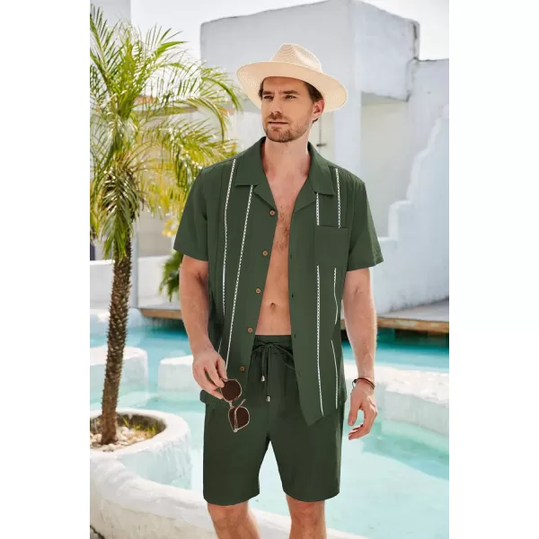 GRACE KARIN Mens 2 Pieces Shirt Sets Casual Guayabera Cotton Linen Sets Outfits Short Sleeve Button Down Shirts and ShortsArmy Green