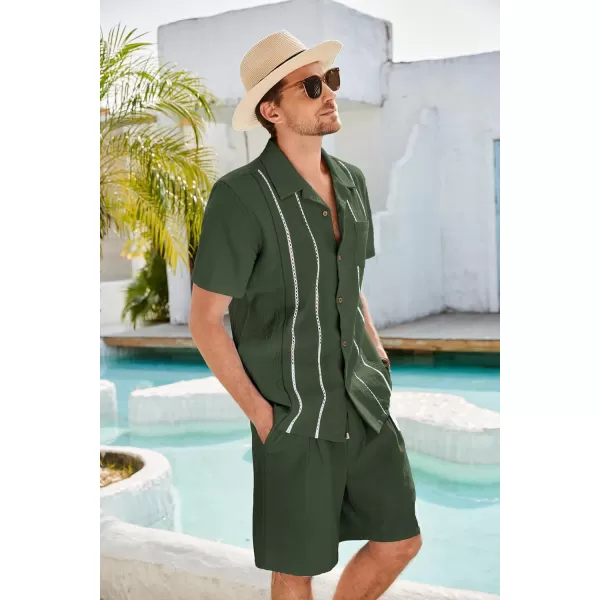 GRACE KARIN Mens 2 Pieces Shirt Sets Casual Guayabera Cotton Linen Sets Outfits Short Sleeve Button Down Shirts and ShortsArmy Green