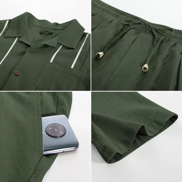 GRACE KARIN Mens 2 Pieces Shirt Sets Casual Guayabera Cotton Linen Sets Outfits Short Sleeve Button Down Shirts and ShortsArmy Green