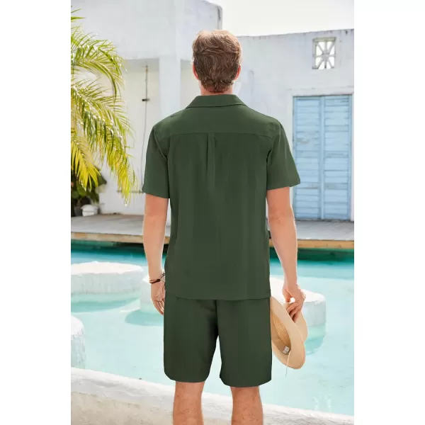 GRACE KARIN Mens 2 Pieces Shirt Sets Casual Guayabera Cotton Linen Sets Outfits Short Sleeve Button Down Shirts and ShortsArmy Green