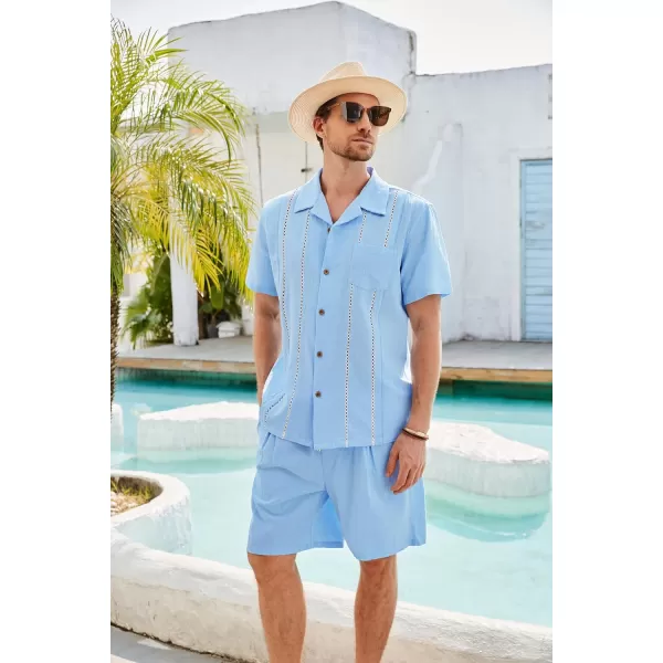 GRACE KARIN Mens 2 Pieces Shirt Sets Casual Guayabera Cotton Linen Sets Outfits Short Sleeve Button Down Shirts and ShortsLight Blue