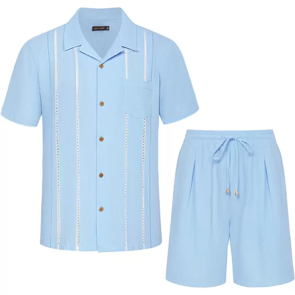 GRACE KARIN Mens 2 Pieces Shirt Sets Casual Guayabera Cotton Linen Sets Outfits Short Sleeve Button Down Shirts and ShortsLight Blue