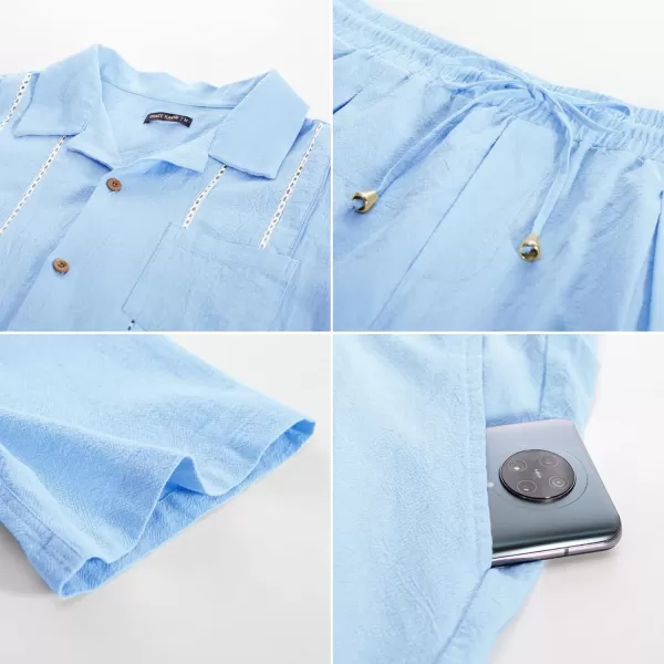 GRACE KARIN Mens 2 Pieces Shirt Sets Casual Guayabera Cotton Linen Sets Outfits Short Sleeve Button Down Shirts and ShortsLight Blue