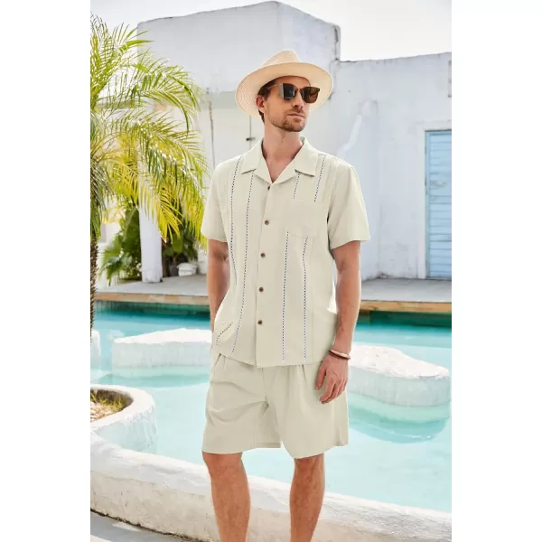 GRACE KARIN Mens 2 Pieces Shirt Sets Casual Guayabera Cotton Linen Sets Outfits Short Sleeve Button Down Shirts and ShortsOffwhite