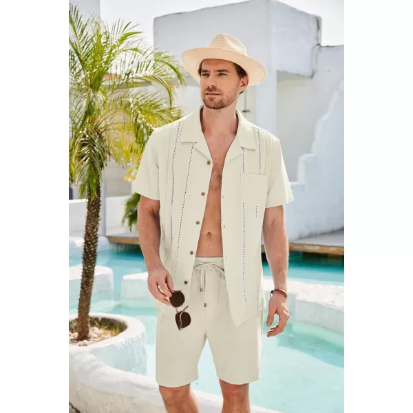 GRACE KARIN Mens 2 Pieces Shirt Sets Casual Guayabera Cotton Linen Sets Outfits Short Sleeve Button Down Shirts and ShortsOffwhite