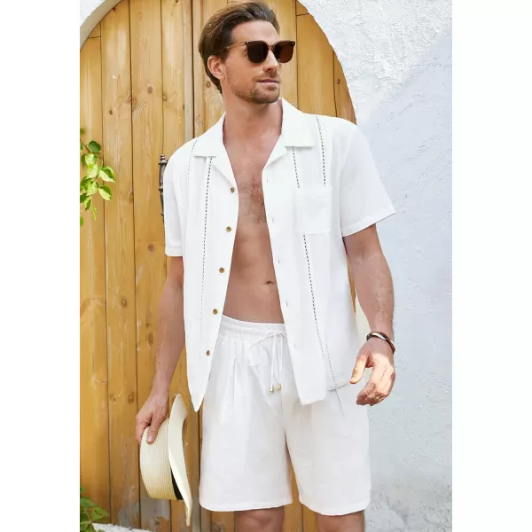 GRACE KARIN Mens 2 Pieces Shirt Sets Casual Guayabera Cotton Linen Sets Outfits Short Sleeve Button Down Shirts and ShortsWhite