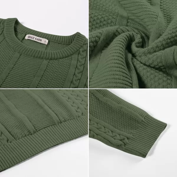 GRACE KARIN Mens Crewneck Pullover Sweaters Classic Casual Knitted Cable Sweaters with Ribbing EdgeArmy Green