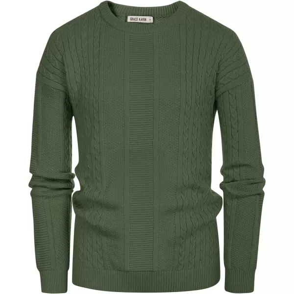 GRACE KARIN Mens Crewneck Pullover Sweaters Classic Casual Knitted Cable Sweaters with Ribbing EdgeArmy Green