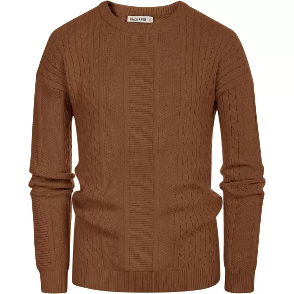 GRACE KARIN Mens Crewneck Pullover Sweaters Classic Casual Knitted Cable Sweaters with Ribbing EdgeBrown