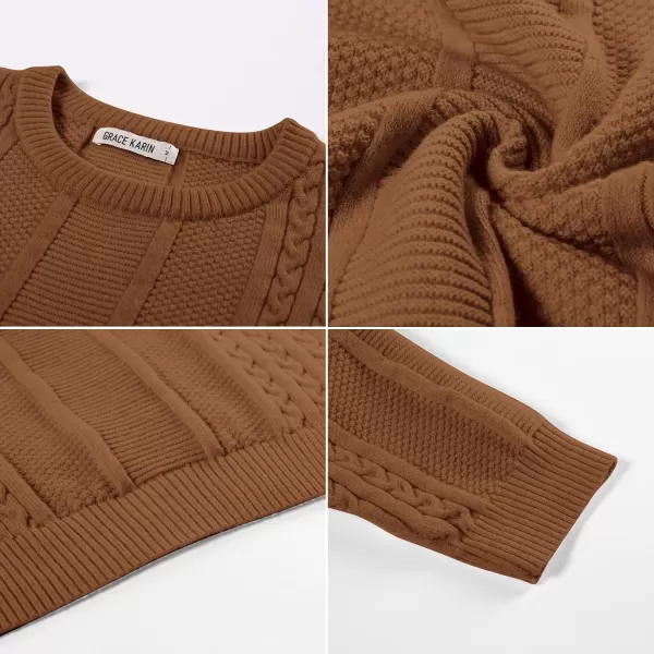 GRACE KARIN Mens Crewneck Pullover Sweaters Classic Casual Knitted Cable Sweaters with Ribbing EdgeBrown