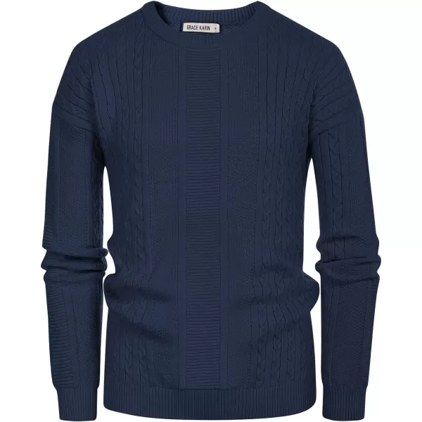 GRACE KARIN Mens Crewneck Pullover Sweaters Classic Casual Knitted Cable Sweaters with Ribbing EdgeDark Blue