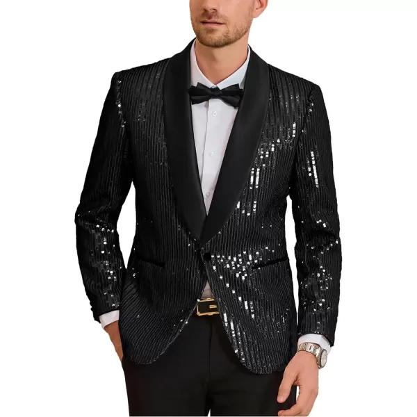 GRACE KARIN Mens Shiny Sequin Blazer One Button Suit Jacket Shawl Lapel Tuxedo Party Dinner PromBlack