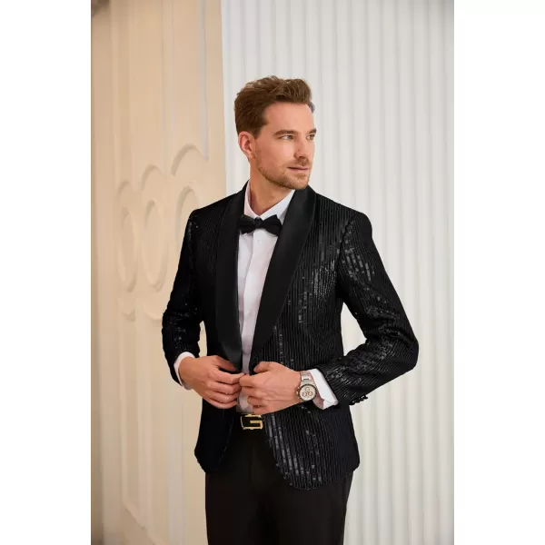 GRACE KARIN Mens Shiny Sequin Blazer One Button Suit Jacket Shawl Lapel Tuxedo Party Dinner PromBlack