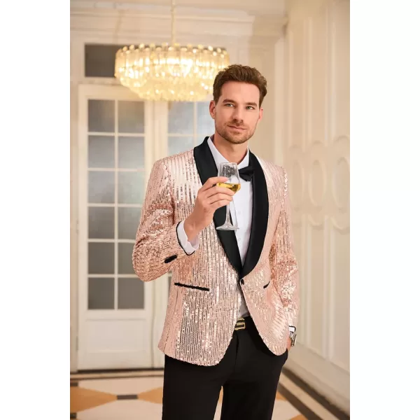 GRACE KARIN Mens Shiny Sequin Blazer One Button Suit Jacket Shawl Lapel Tuxedo Party Dinner PromRose Gold