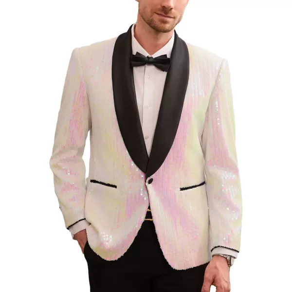 GRACE KARIN Mens Shiny Sequin Blazer One Button Suit Jacket Shawl Lapel Tuxedo Party Dinner PromWhite Pink