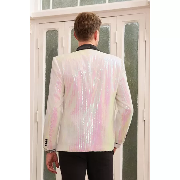 GRACE KARIN Mens Shiny Sequin Blazer One Button Suit Jacket Shawl Lapel Tuxedo Party Dinner PromWhite Pink