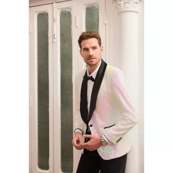 GRACE KARIN Mens Shiny Sequin Blazer One Button Suit Jacket Shawl Lapel Tuxedo Party Dinner PromWhite Pink