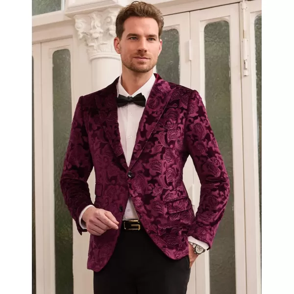 GRACE KARIN Mens Velvet Blazer Two Button Slim Fit Suit Jacket Sports Coats for Men Prom Wedding Dinner PartyWine Red