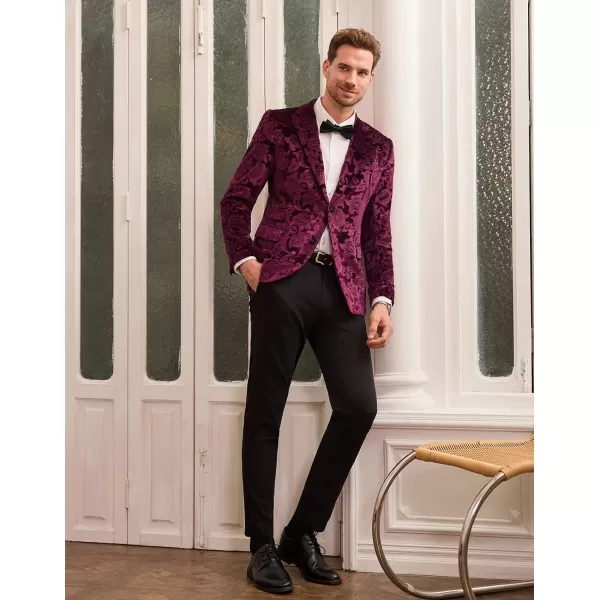 GRACE KARIN Mens Velvet Blazer Two Button Slim Fit Suit Jacket Sports Coats for Men Prom Wedding Dinner PartyWine Red