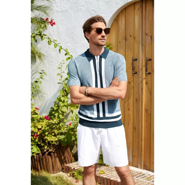 GRACE KARIN Mens Zipper Polo Shirts Short Sleeve Vintage Knit Stripe Golf Shirts for MenBlue