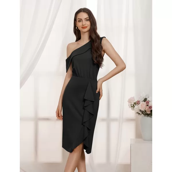 GRACE KARIN One Shoulder Dresses for Women Ruffle Slit Bodycon Midi Dress Wedding Guest Cocktail Party DressBlack