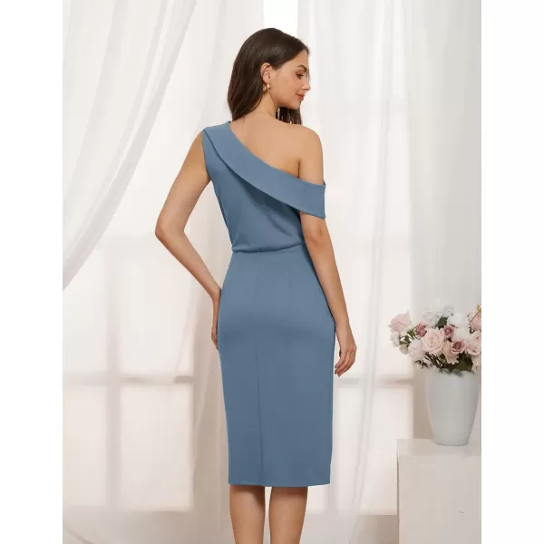 GRACE KARIN One Shoulder Dresses for Women Ruffle Slit Bodycon Midi Dress Wedding Guest Cocktail Party DressGray Blue