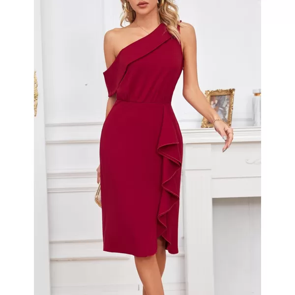 GRACE KARIN One Shoulder Dresses for Women Ruffle Slit Bodycon Midi Dress Wedding Guest Cocktail Party DressWine Red