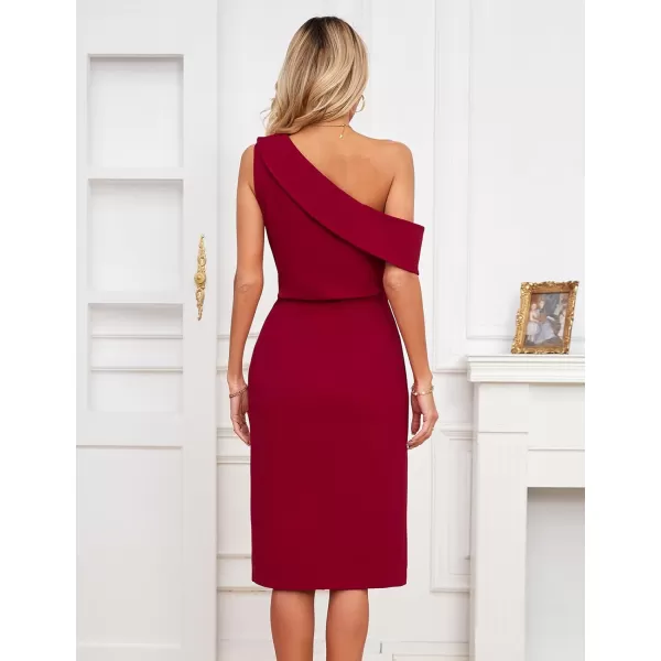 GRACE KARIN One Shoulder Dresses for Women Ruffle Slit Bodycon Midi Dress Wedding Guest Cocktail Party DressWine Red