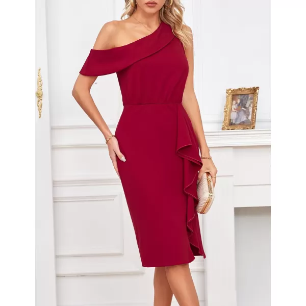 GRACE KARIN One Shoulder Dresses for Women Ruffle Slit Bodycon Midi Dress Wedding Guest Cocktail Party DressWine Red