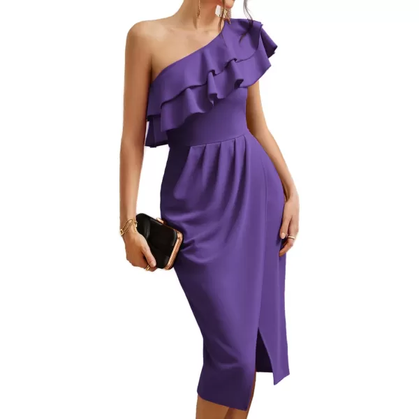 GRACE KARIN One Shoulder Dresses for Women Sleevless Ruffle Formal Dresses Sexy Ruched Bodycon Split Cocktail Midi DressPurple