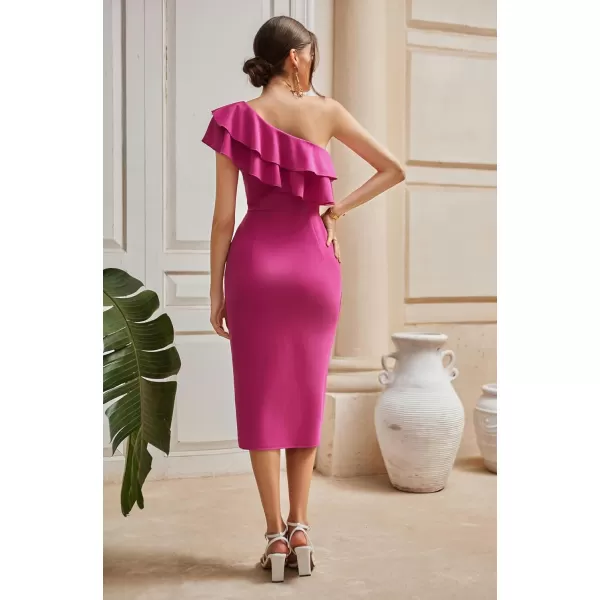 GRACE KARIN One Shoulder Dresses for Women Sleevless Ruffle Formal Dresses Sexy Ruched Bodycon Split Cocktail Midi DressRose Red