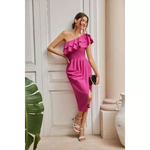 GRACE KARIN One Shoulder Dresses for Women Sleevless Ruffle Formal Dresses Sexy Ruched Bodycon Split Cocktail Midi DressRose Red