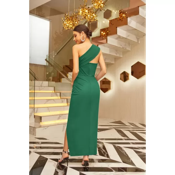 GRACE KARIN One Shoulder Long Formal Dresses for Women Evening Party Slit Ruched Bodycon Maxi Dress Wedding Prom DressGreen