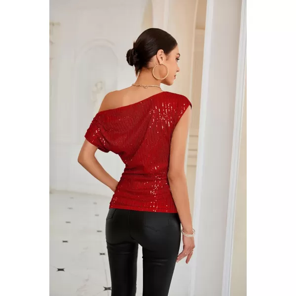 GRACE KARIN One Shoulder Sequin Sparkly Tops for Women Ruched Asymmetrical Glitter Tops Slimming Sparkle Party ShirtsBright Red