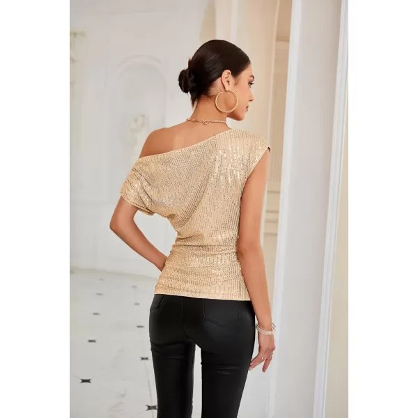 GRACE KARIN One Shoulder Sequin Sparkly Tops for Women Ruched Asymmetrical Glitter Tops Slimming Sparkle Party ShirtsChampagne