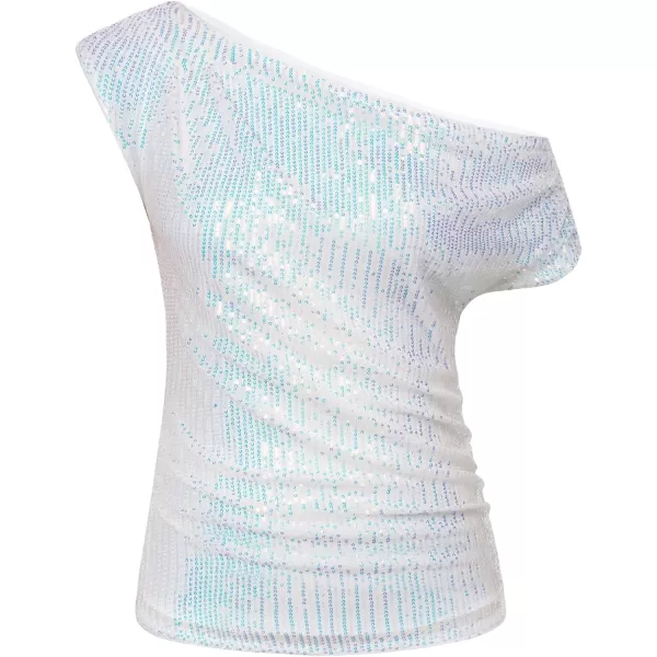 GRACE KARIN One Shoulder Sequin Sparkly Tops for Women Ruched Asymmetrical Glitter Tops Slimming Sparkle Party ShirtsDazzlingwhite