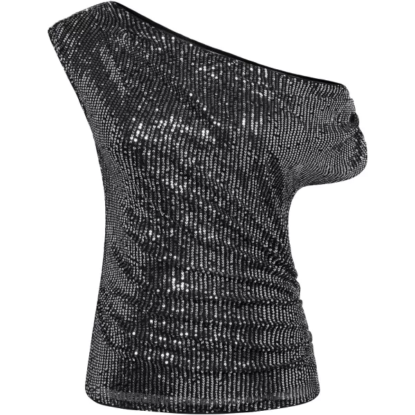 GRACE KARIN One Shoulder Sequin Sparkly Tops for Women Ruched Asymmetrical Glitter Tops Slimming Sparkle Party ShirtsSilver Black