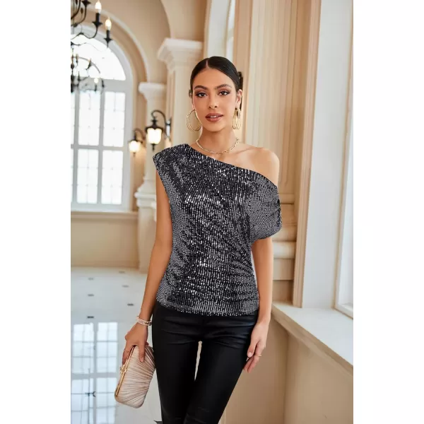 GRACE KARIN One Shoulder Sequin Sparkly Tops for Women Ruched Asymmetrical Glitter Tops Slimming Sparkle Party ShirtsSilver Black