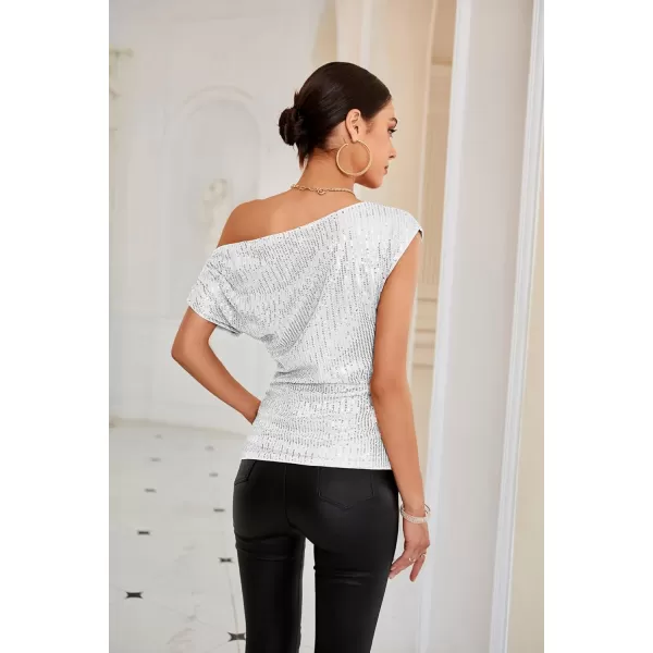 GRACE KARIN One Shoulder Sequin Sparkly Tops for Women Ruched Asymmetrical Glitter Tops Slimming Sparkle Party ShirtsSilver White