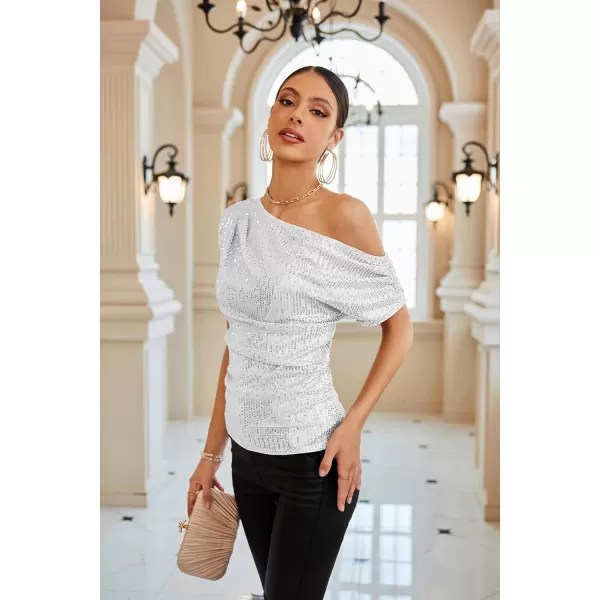 GRACE KARIN One Shoulder Sequin Sparkly Tops for Women Ruched Asymmetrical Glitter Tops Slimming Sparkle Party ShirtsSilver White