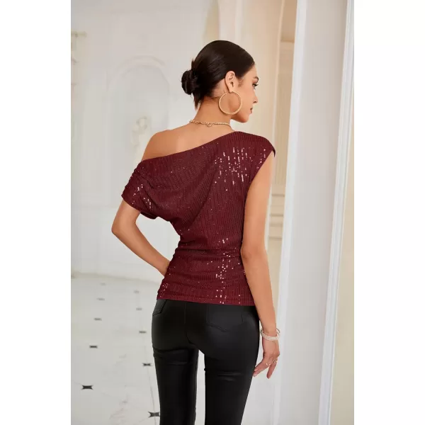 GRACE KARIN One Shoulder Sequin Sparkly Tops for Women Ruched Asymmetrical Glitter Tops Slimming Sparkle Party ShirtsWine Red