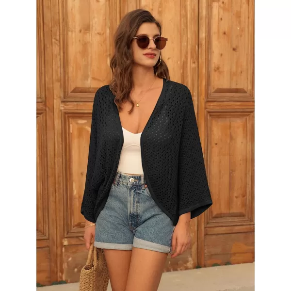 GRACE KARIN Open Front 34 Sleeve Batwing Cardigan for Women Lightweight Crochet Summer Cardigan Hollowout Cover UpsBlack